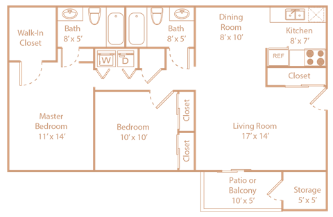 Floor plan for 2 beds, 2 baths, 939 sqft